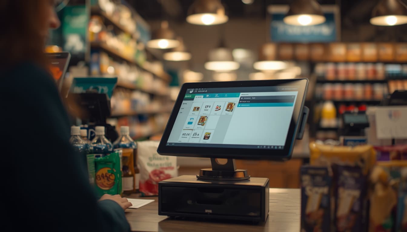 Cashier view of a Store POS till on a grocery checkout counter