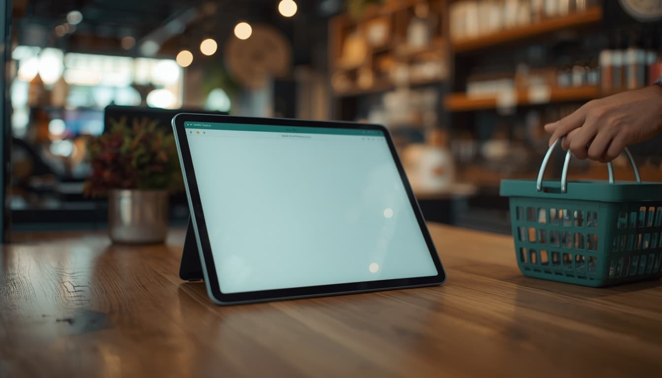 Tablet on a wooden counter running a web POS till
