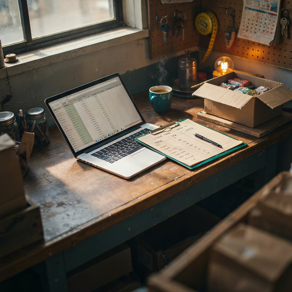 Stockroom desk with laptop inventory list and a handwritten stock take clipboard