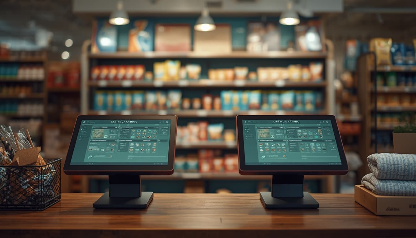 Two POS stations sharing the same product shelf in an aisle